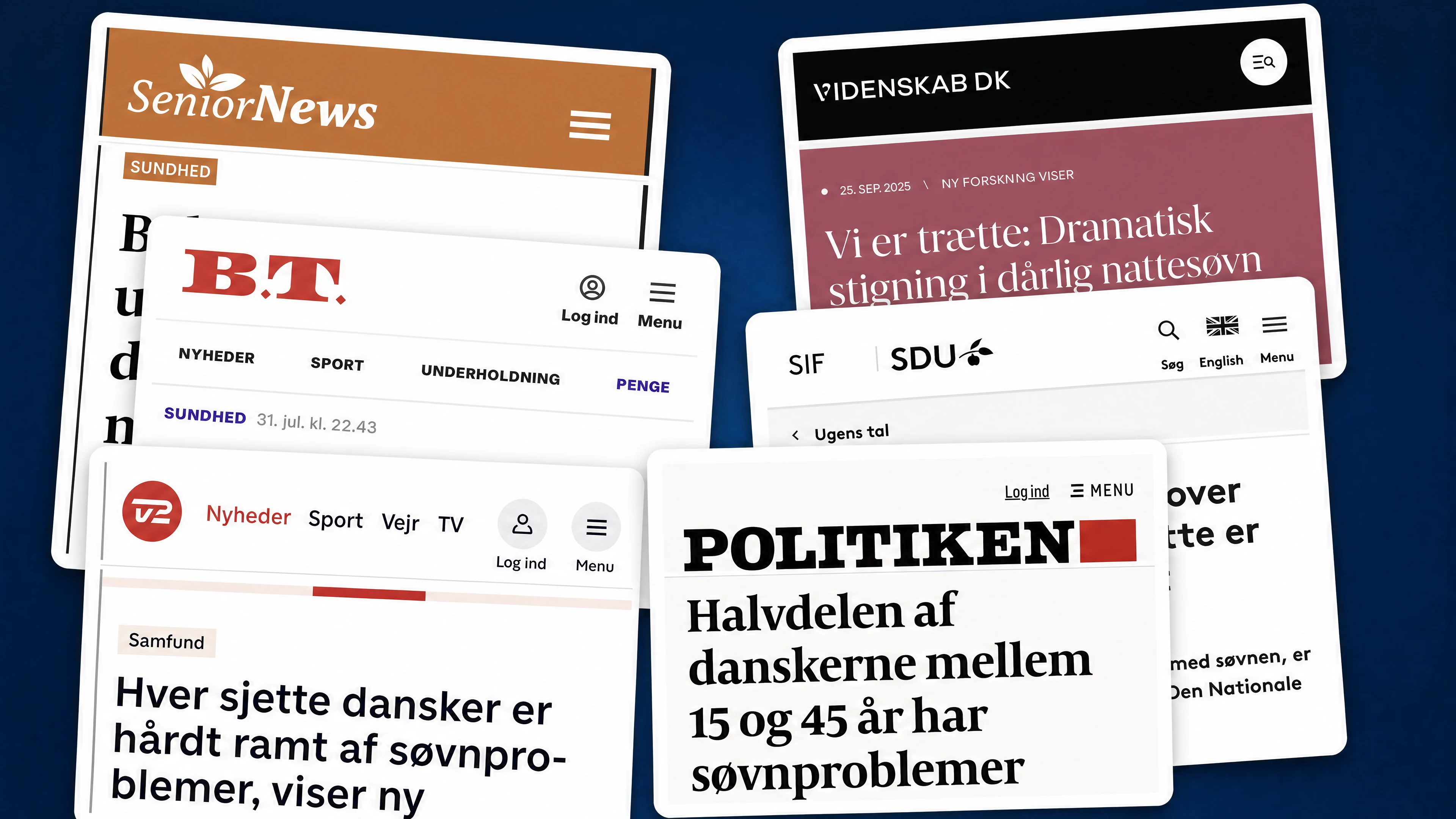 Collage af danske mediers omtale af søvnproblemer